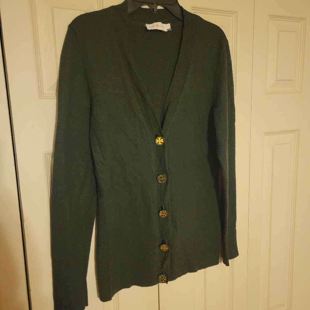 Tory Burch dark green long sleeve button up sweater